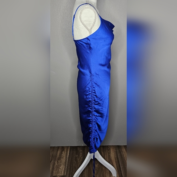 LULU'S Blue Cowl Neck Ruched Mini to Midi Satin Spaghetti Strap Dress. Small - Picture 6 of 11